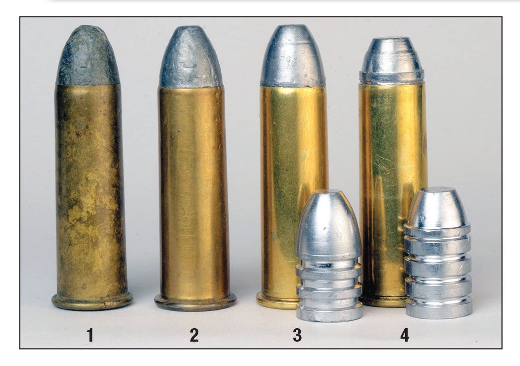 Both the original Sharps Rifle Company .50-70 (1) and a Remington-UMC .50-70 (2) have 450-grain bullets. Mike’s handloads  include a (3) Lyman 515141 bullet and a (4) RCBS 50-450-FN bullet.